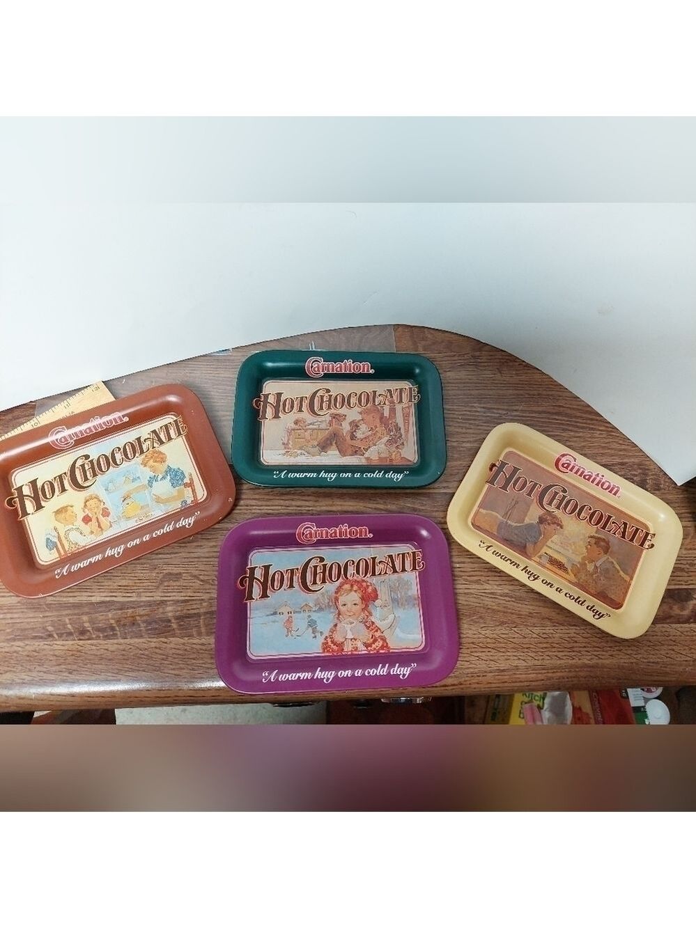Vintage* Set of 4 Small Carnation Hot Chocolate Advertisement Trays